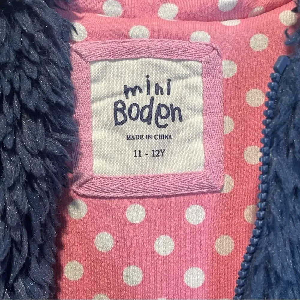 Mini Boden Blue Shaggy Zip Up Vest - size 11-12Y